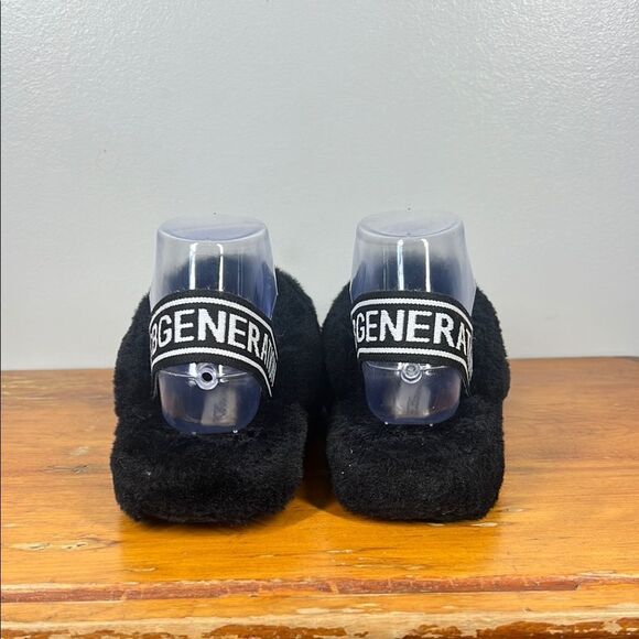 BCBGeneration Fuzzy Black Slide Sandals with Logo Strap - Picture 2 of 6